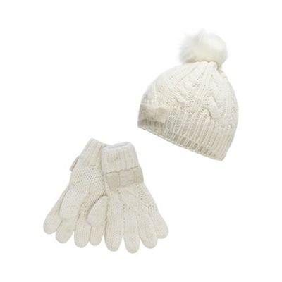 J by Jasper Conran Girls' cream cable knit beanie with gloves